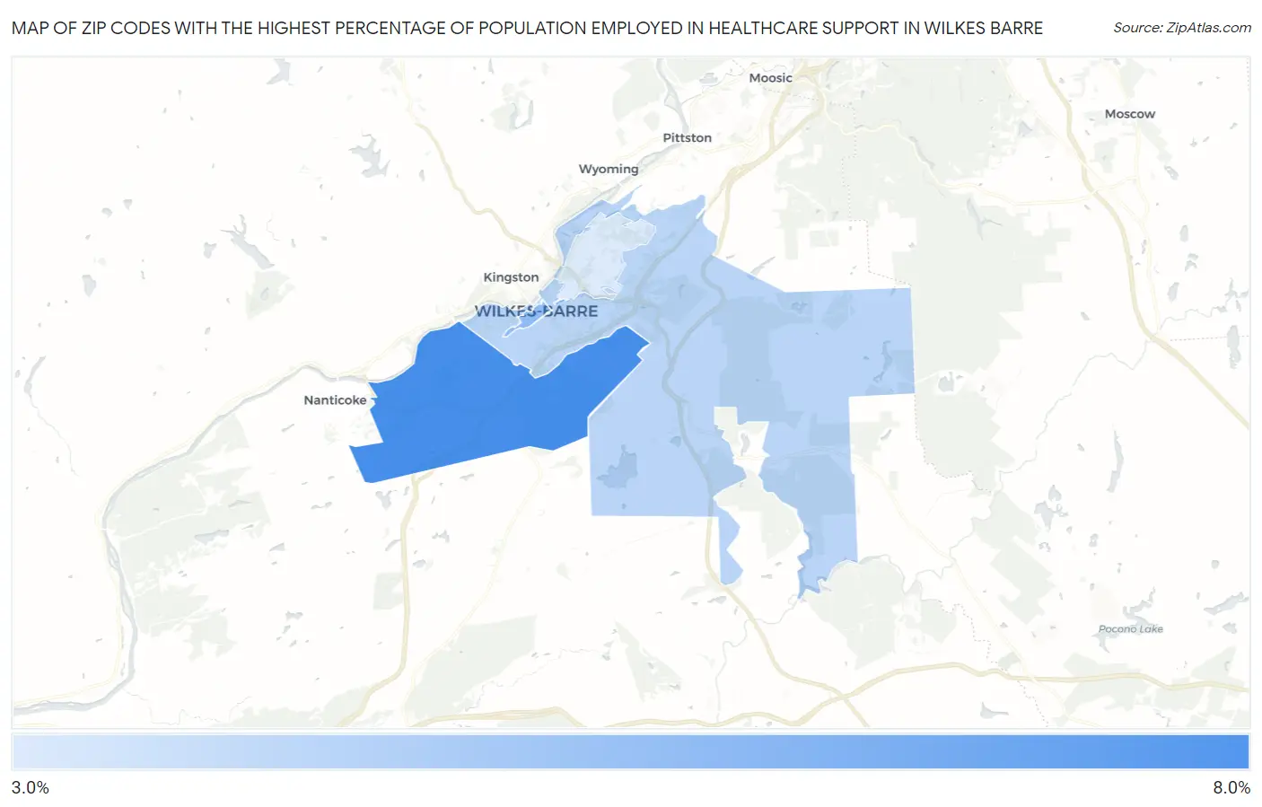 Zip Codes with the Highest Percentage of Population Employed in Healthcare Support in Wilkes Barre Map