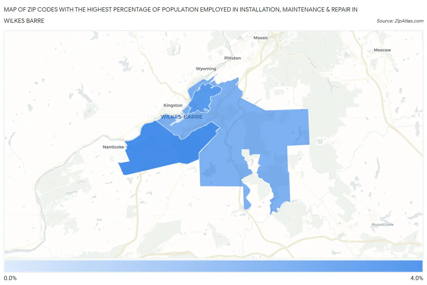 Zip Codes with the Highest Percentage of Population Employed in Installation, Maintenance & Repair in Wilkes Barre Map