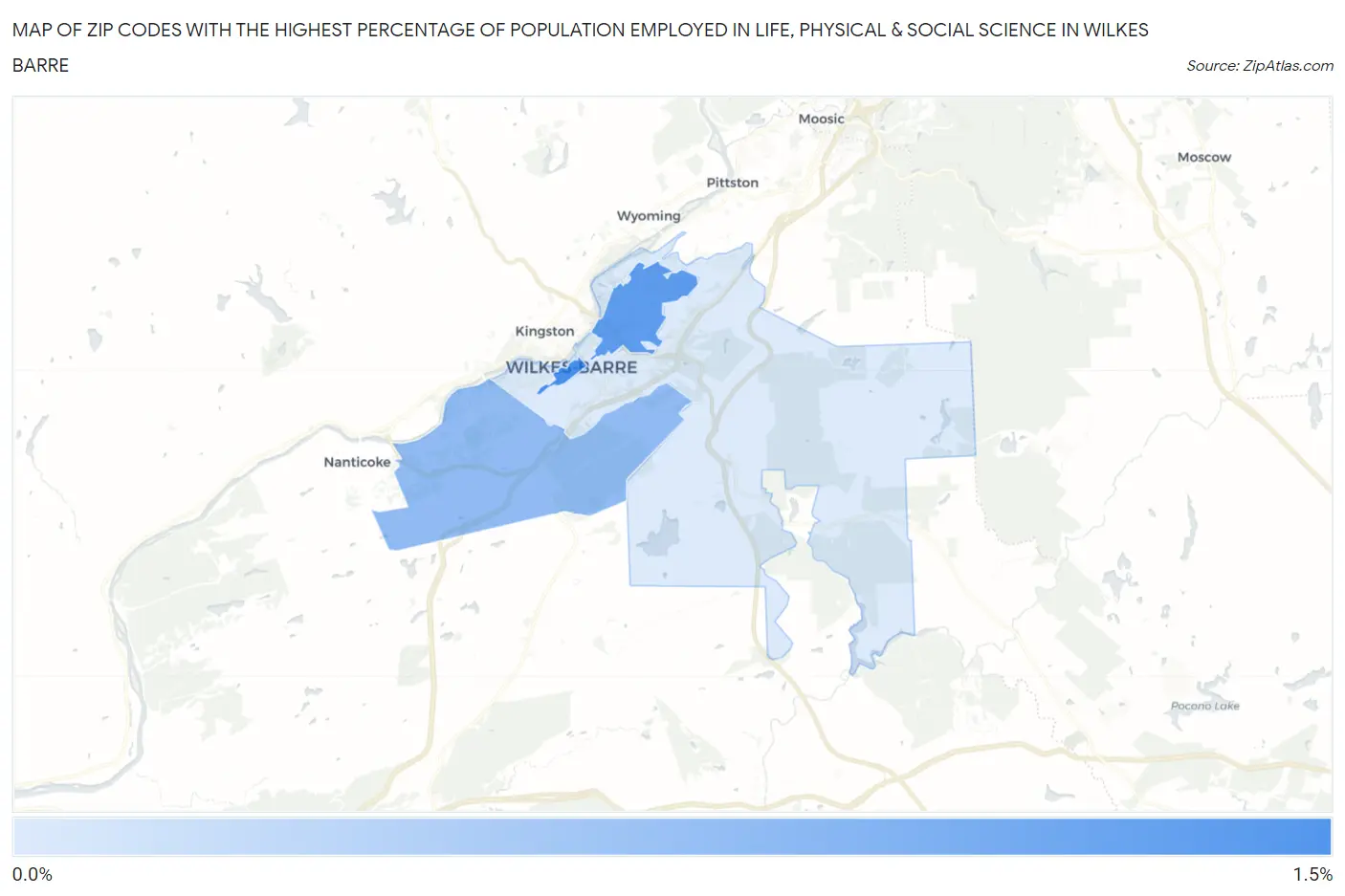 Zip Codes with the Highest Percentage of Population Employed in Life, Physical & Social Science in Wilkes Barre Map