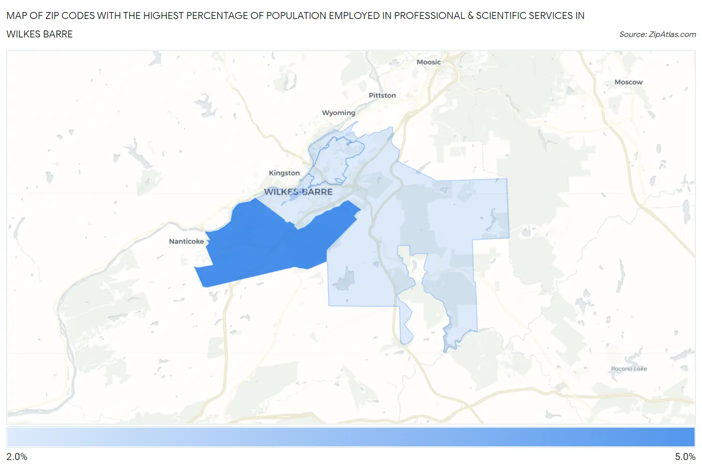 Zip Codes with the Highest Percentage of Population Employed in Professional & Scientific Services in Wilkes Barre Map