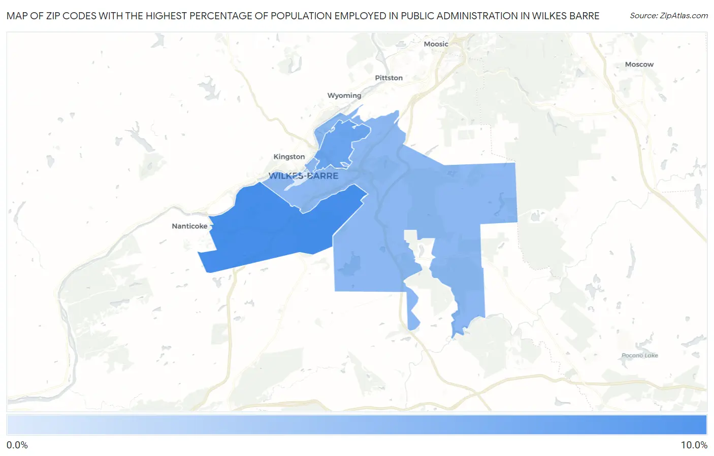 Zip Codes with the Highest Percentage of Population Employed in Public Administration in Wilkes Barre Map