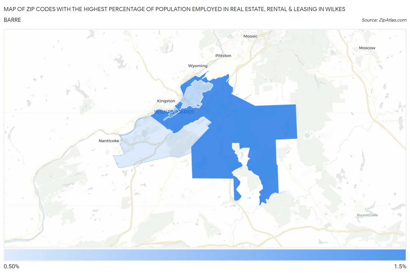 Zip Codes with the Highest Percentage of Population Employed in Real Estate, Rental & Leasing in Wilkes Barre Map