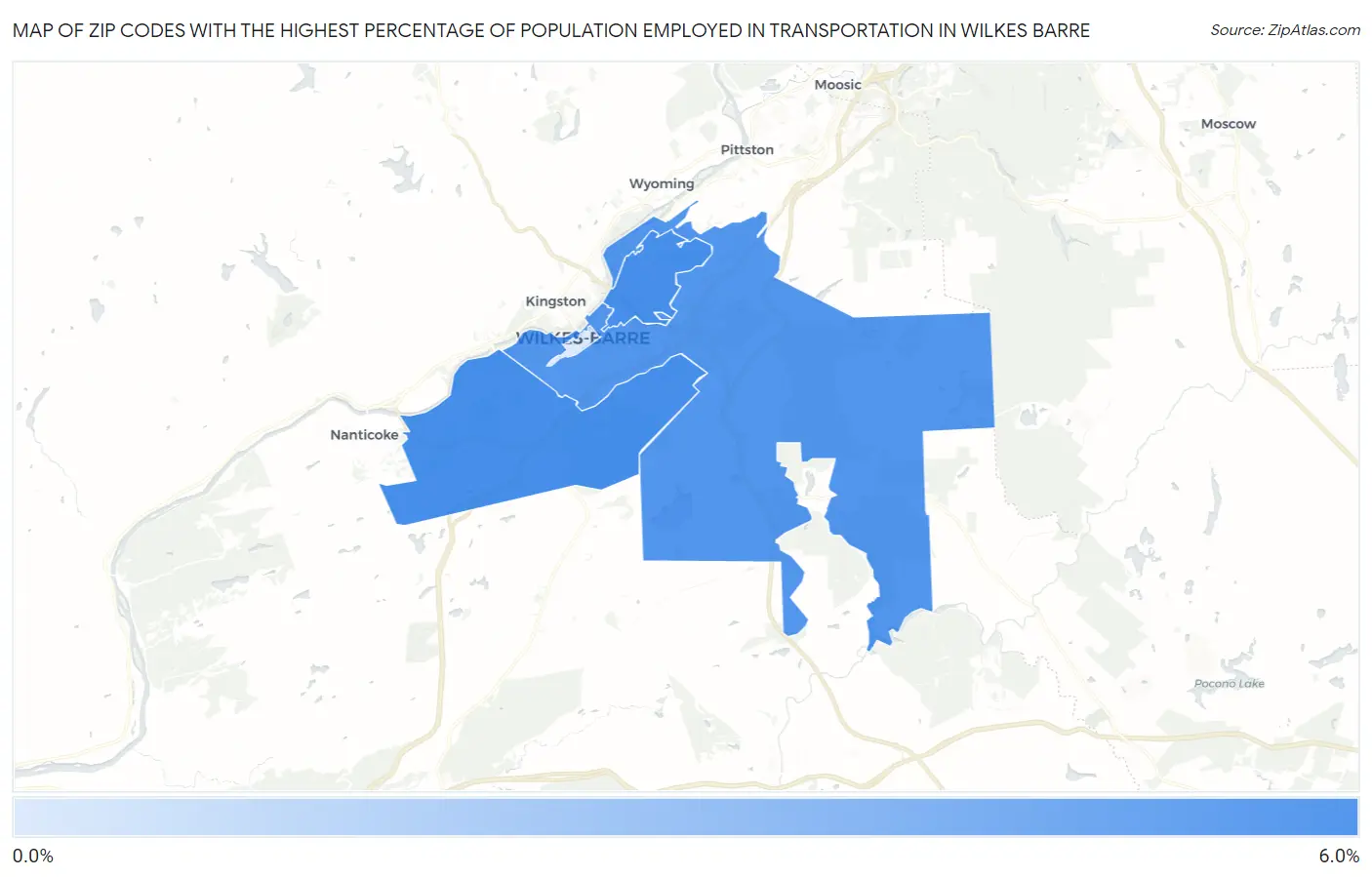 Zip Codes with the Highest Percentage of Population Employed in Transportation in Wilkes Barre Map