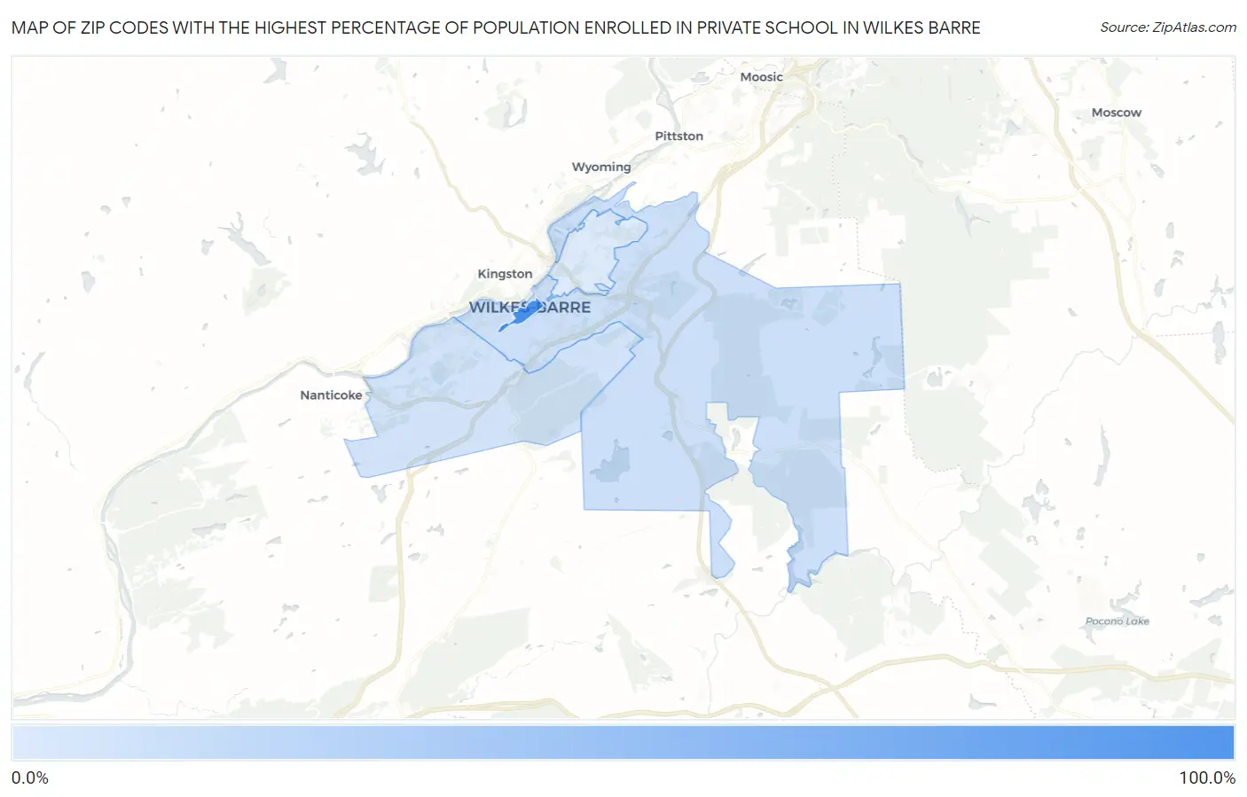 Zip Codes with the Highest Percentage of Population Enrolled in Private School in Wilkes Barre Map