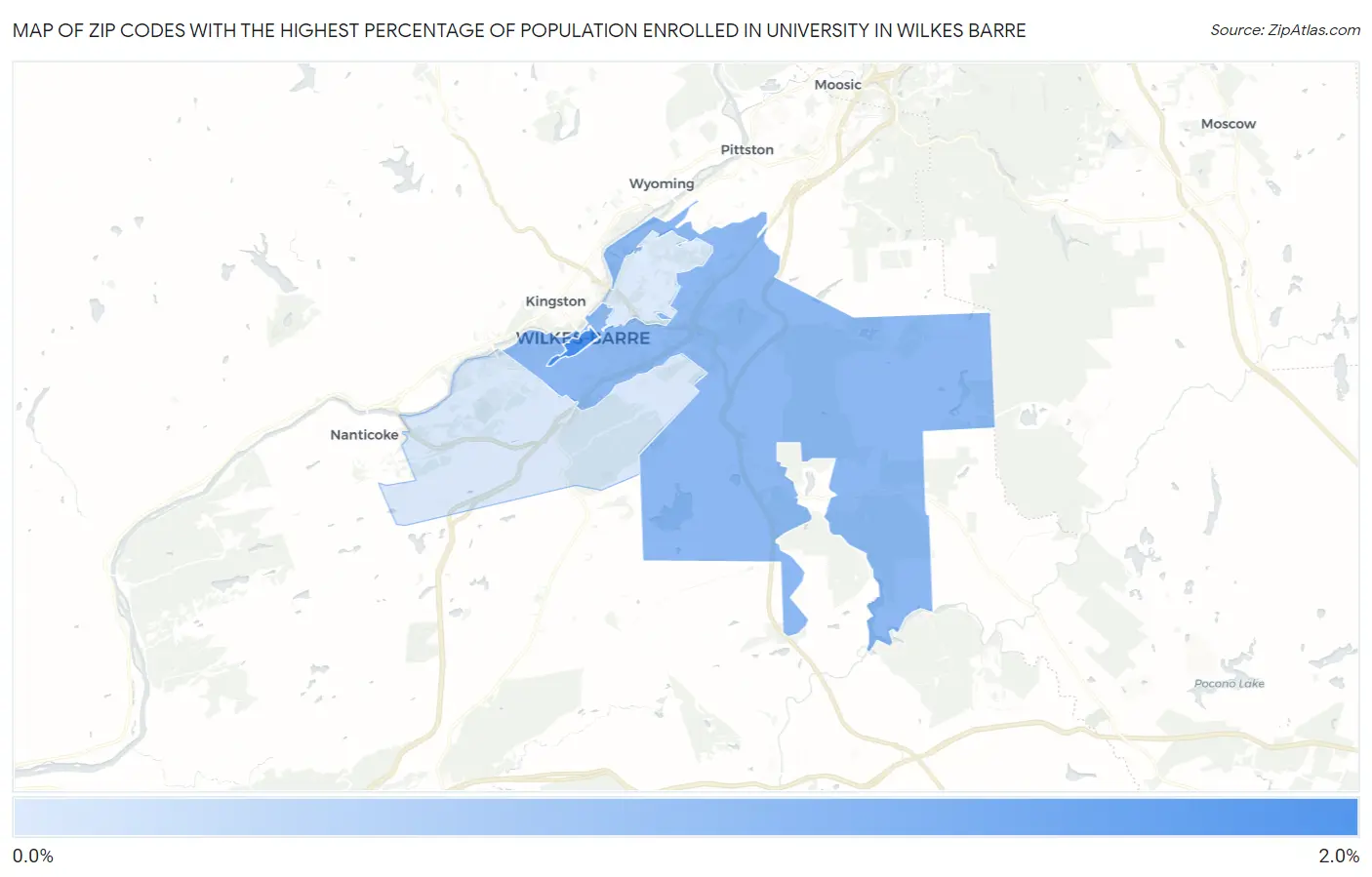 Zip Codes with the Highest Percentage of Population Enrolled in University in Wilkes Barre Map