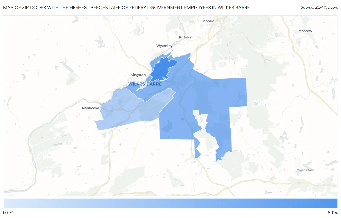 Zip Codes with the Highest Percentage of Federal Government Employees in Wilkes Barre Map