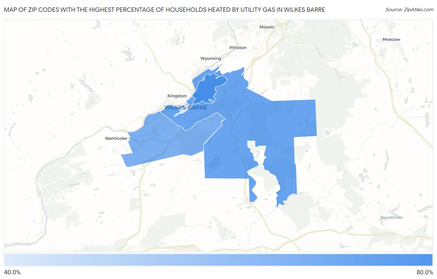 Zip Codes with the Highest Percentage of Households Heated by Utility Gas in Wilkes Barre Map