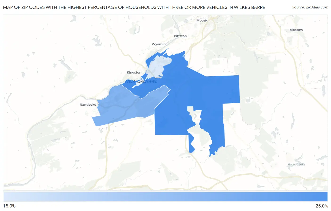 Zip Codes with the Highest Percentage of Households With Three or more Vehicles in Wilkes Barre Map