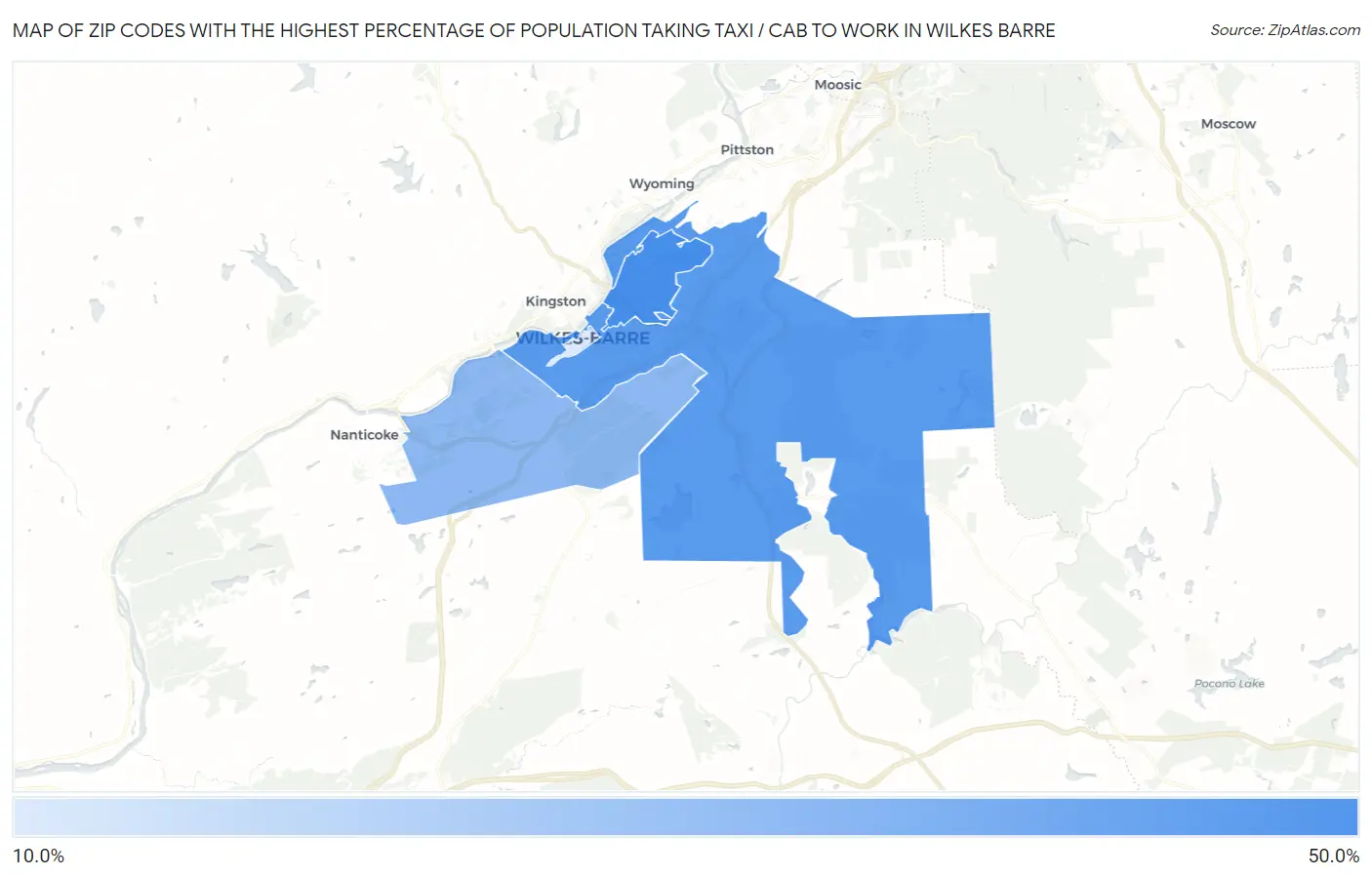 Zip Codes with the Highest Percentage of Population Taking Taxi / Cab to Work in Wilkes Barre Map