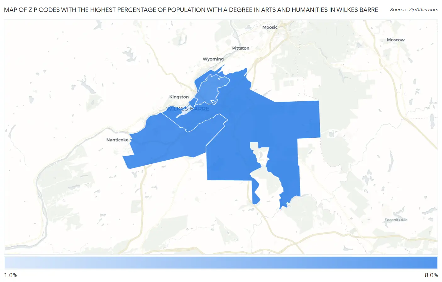 Zip Codes with the Highest Percentage of Population with a Degree in Arts and Humanities in Wilkes Barre Map