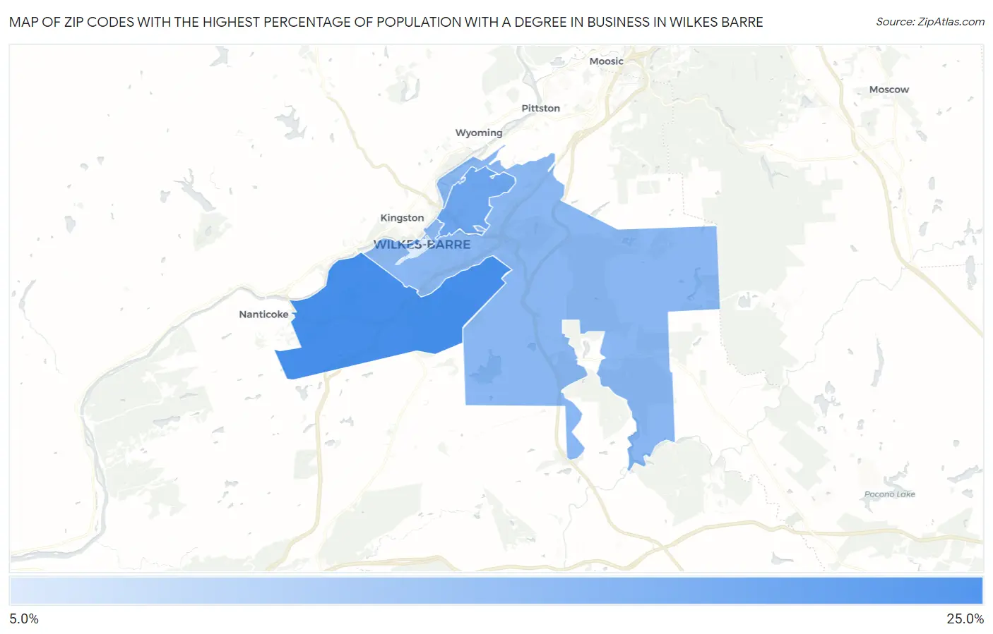 Zip Codes with the Highest Percentage of Population with a Degree in Business in Wilkes Barre Map