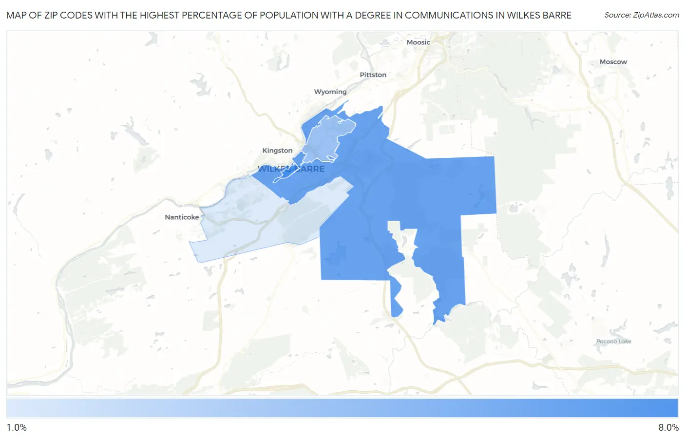 Zip Codes with the Highest Percentage of Population with a Degree in Communications in Wilkes Barre Map