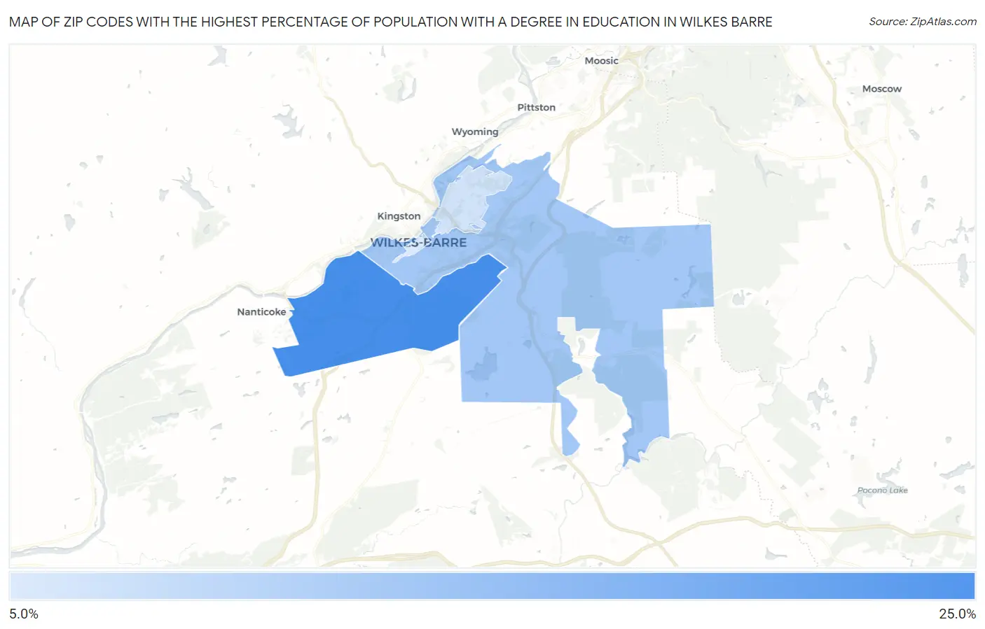 Zip Codes with the Highest Percentage of Population with a Degree in Education in Wilkes Barre Map
