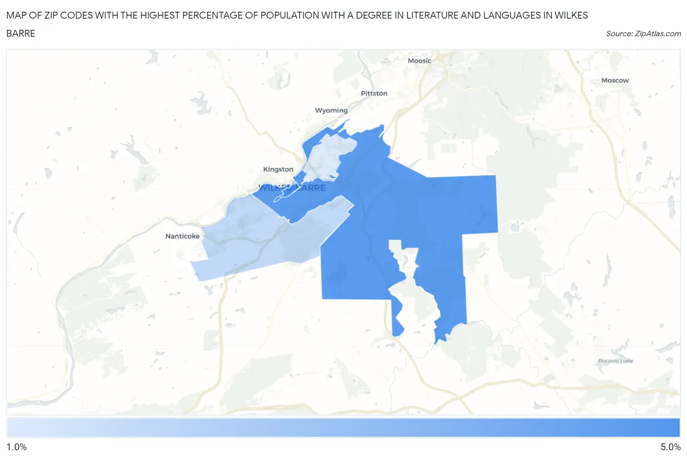 Zip Codes with the Highest Percentage of Population with a Degree in Literature and Languages in Wilkes Barre Map