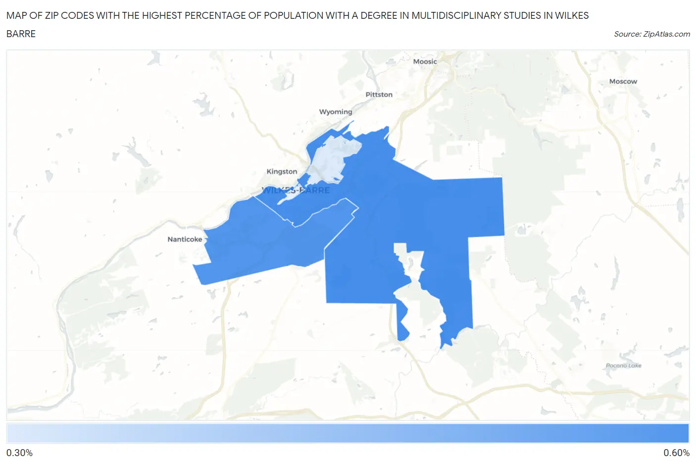 Zip Codes with the Highest Percentage of Population with a Degree in Multidisciplinary Studies in Wilkes Barre Map