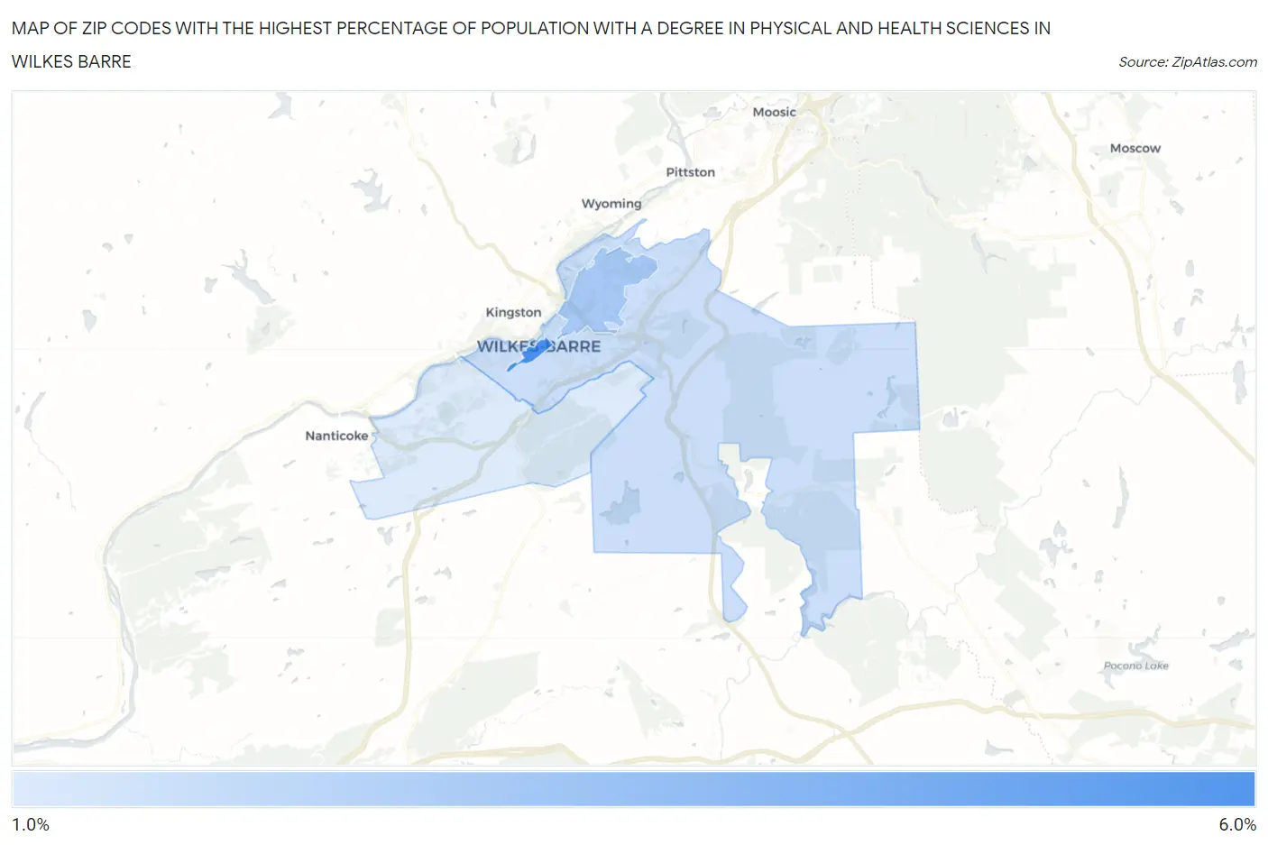 Zip Codes with the Highest Percentage of Population with a Degree in Physical and Health Sciences in Wilkes Barre Map