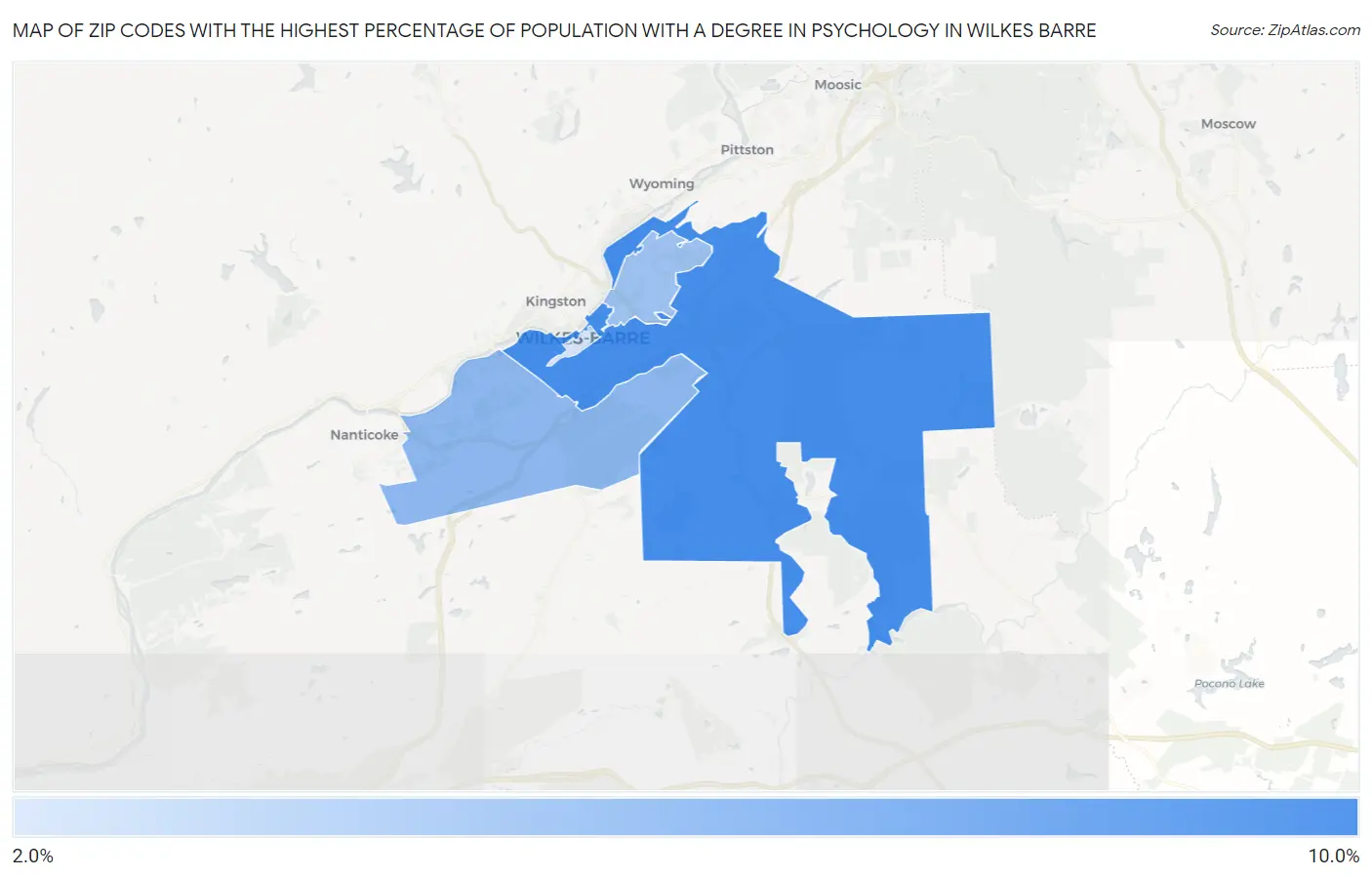 Zip Codes with the Highest Percentage of Population with a Degree in Psychology in Wilkes Barre Map