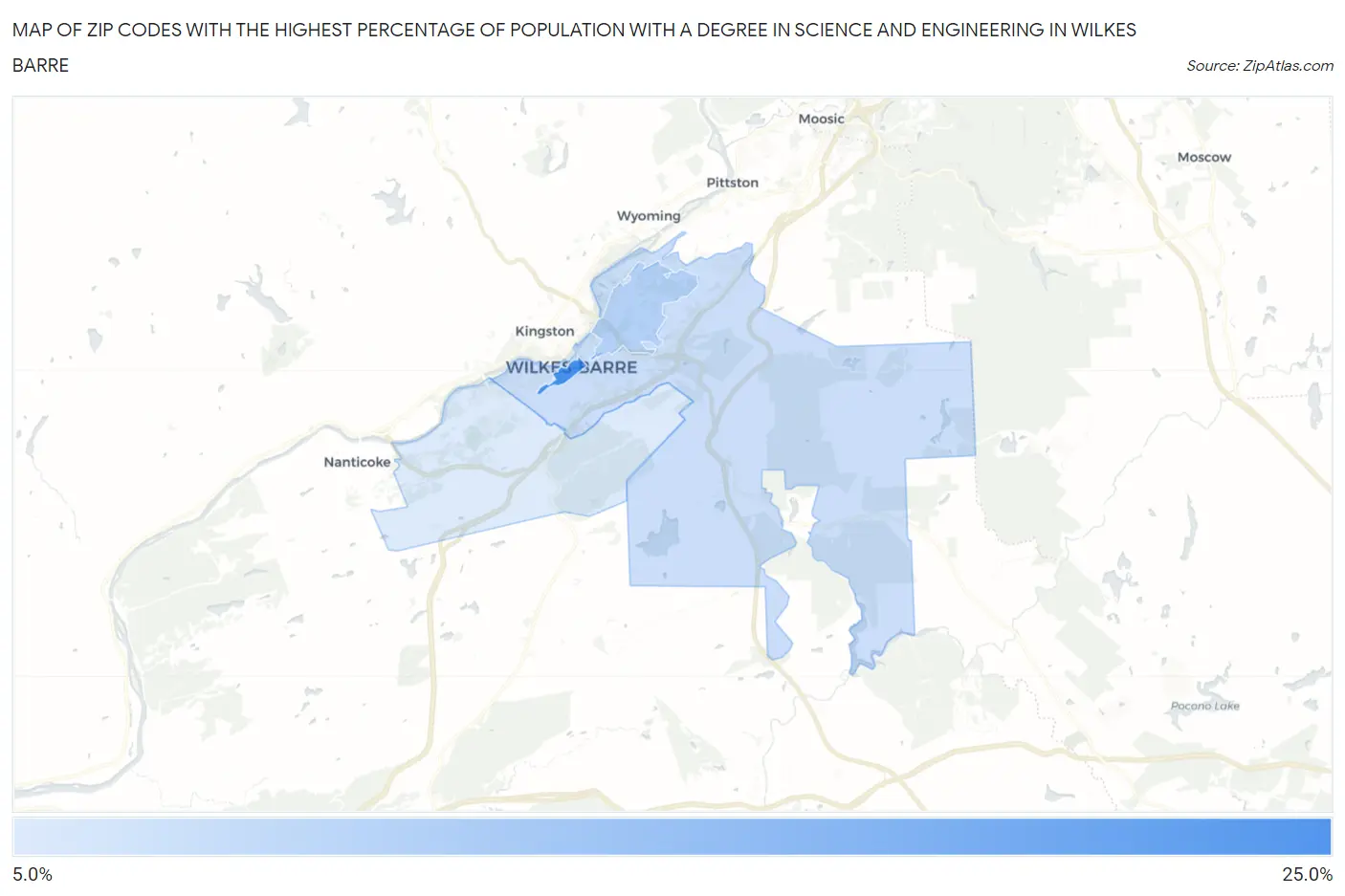 Zip Codes with the Highest Percentage of Population with a Degree in Science and Engineering in Wilkes Barre Map