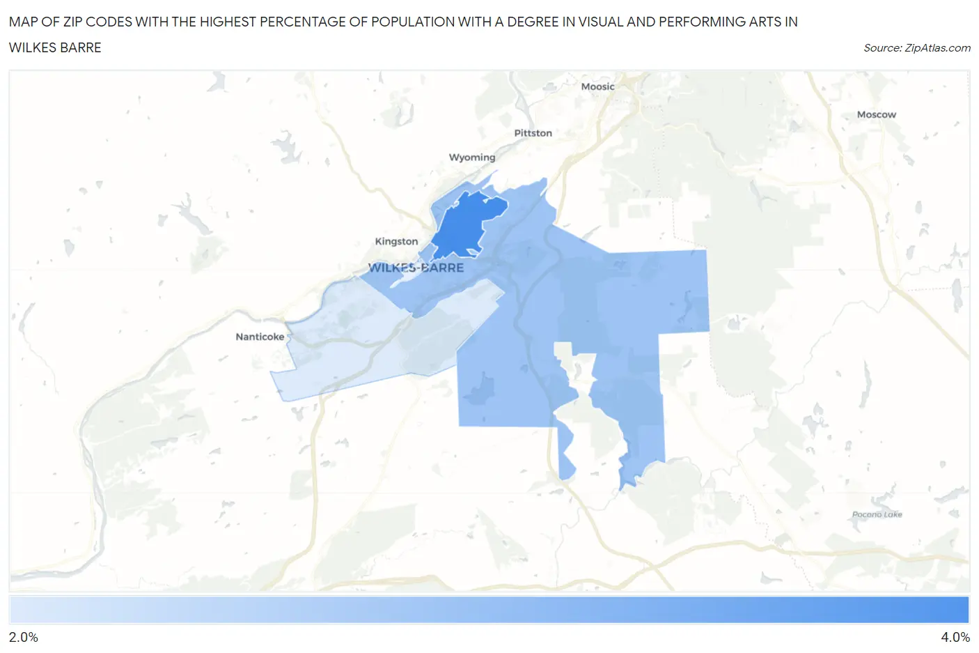 Zip Codes with the Highest Percentage of Population with a Degree in Visual and Performing Arts in Wilkes Barre Map
