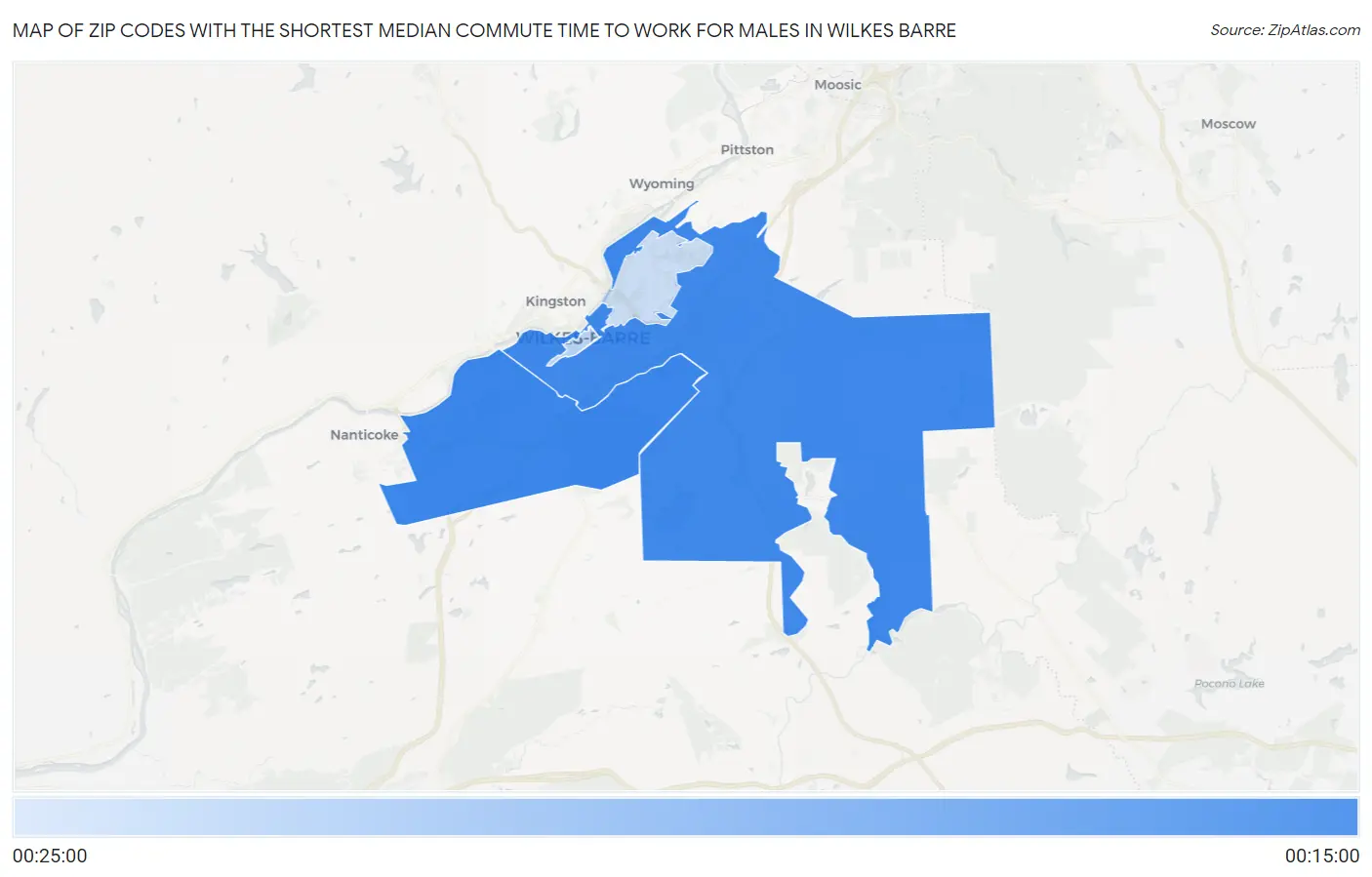 Zip Codes with the Shortest Median Commute Time to Work for Males in Wilkes Barre Map