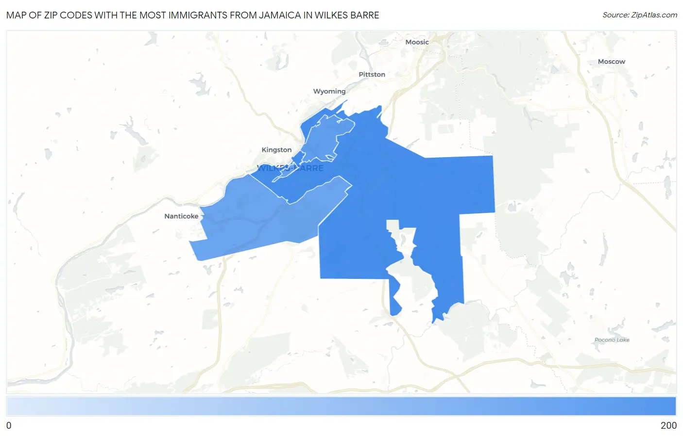 Zip Codes with the Most Immigrants from Jamaica in Wilkes Barre Map