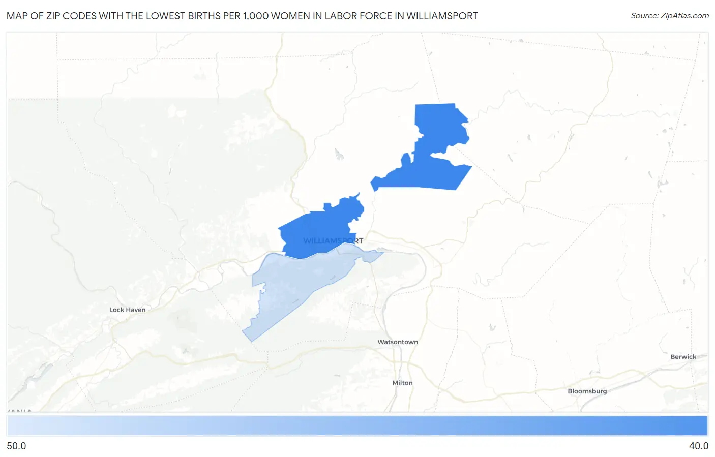 Zip Codes with the Lowest Births per 1,000 Women in Labor Force in Williamsport Map