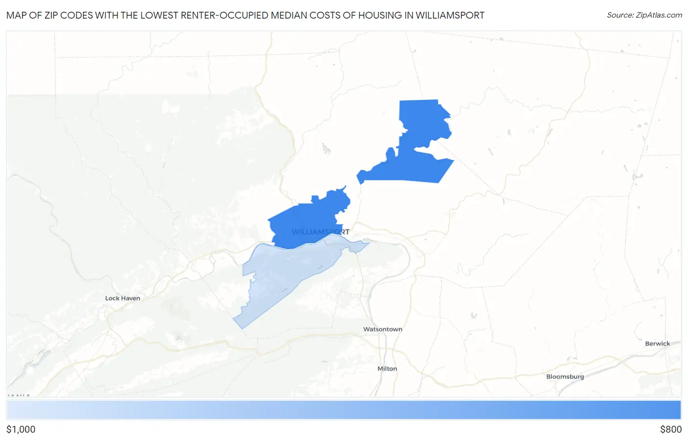 Zip Codes with the Lowest Renter-Occupied Median Costs of Housing in Williamsport Map