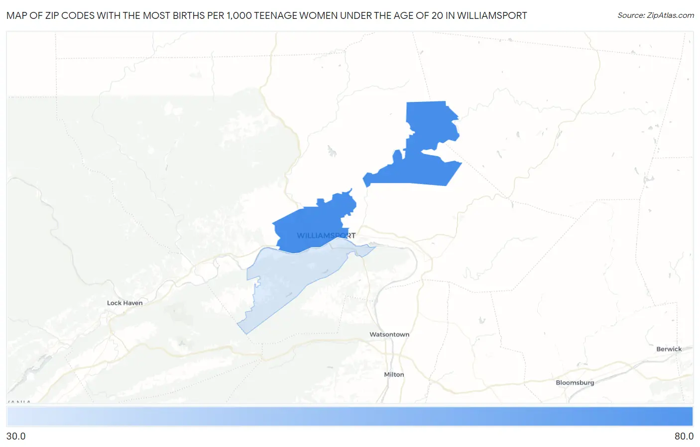 Zip Codes with the Most Births per 1,000 Teenage Women Under the Age of 20 in Williamsport Map