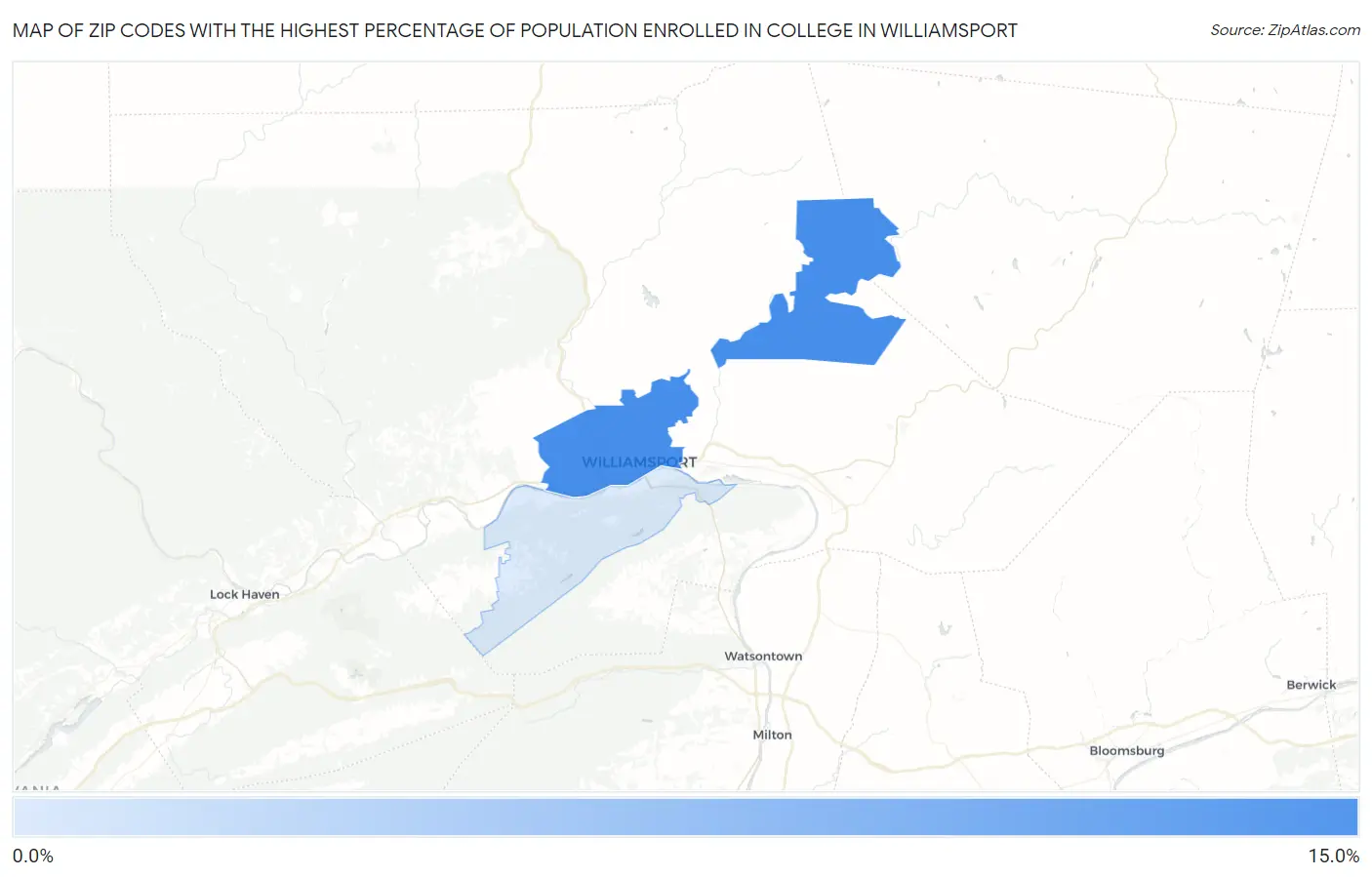 Zip Codes with the Highest Percentage of Population Enrolled in College in Williamsport Map
