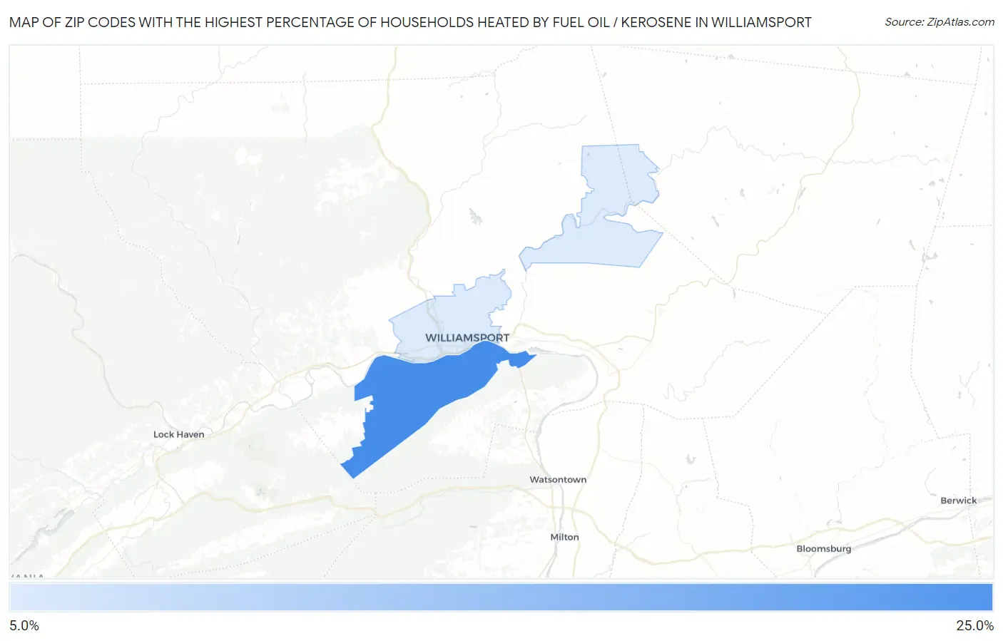 Zip Codes with the Highest Percentage of Households Heated by Fuel Oil / Kerosene in Williamsport Map