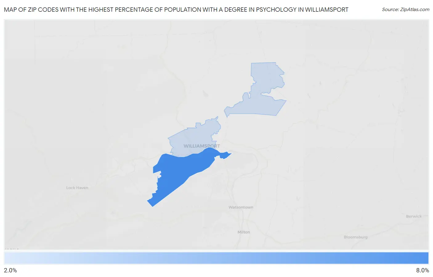 Zip Codes with the Highest Percentage of Population with a Degree in Psychology in Williamsport Map