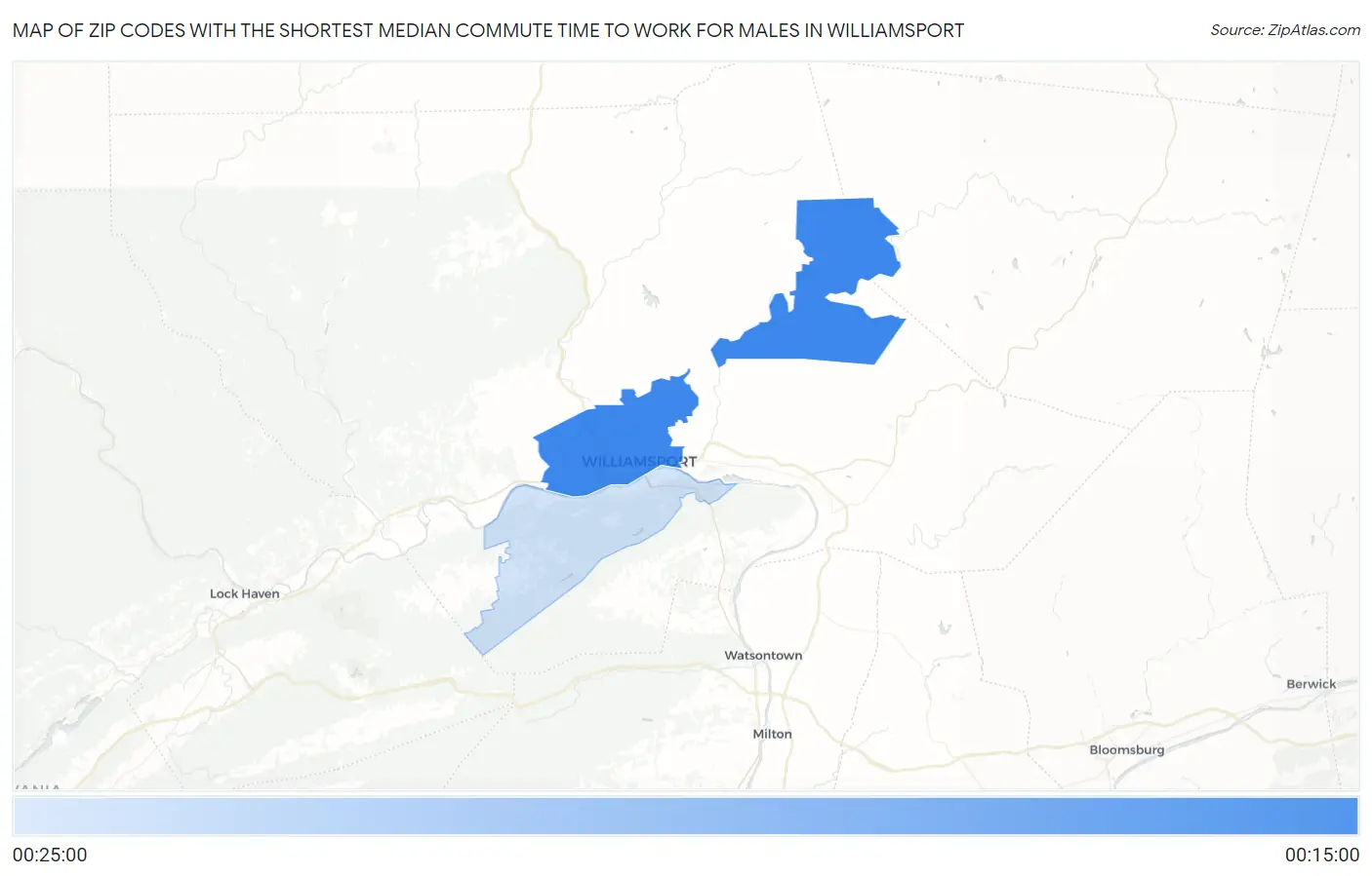 Zip Codes with the Shortest Median Commute Time to Work for Males in Williamsport Map