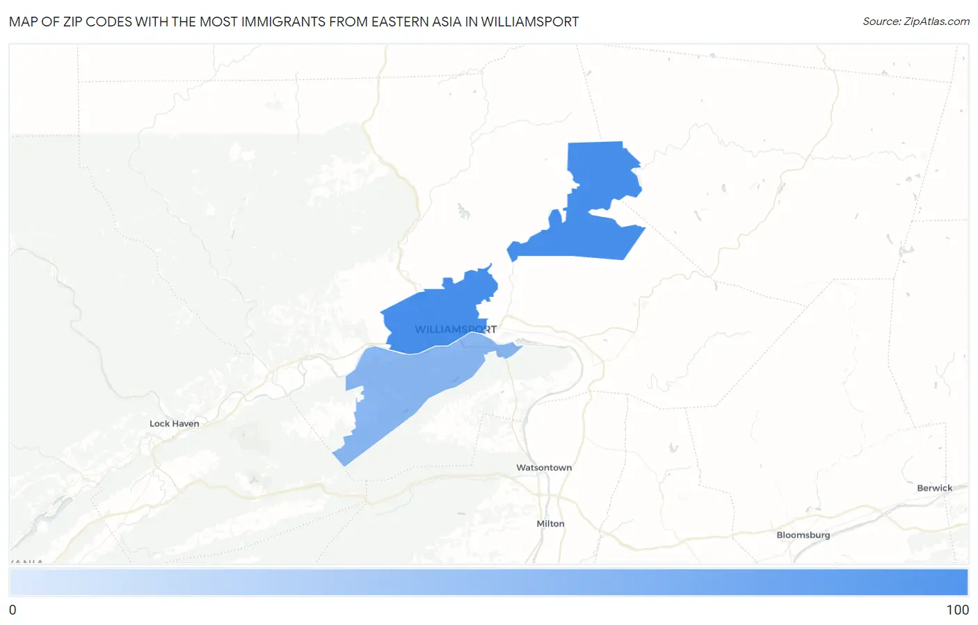 Zip Codes with the Most Immigrants from Eastern Asia in Williamsport Map