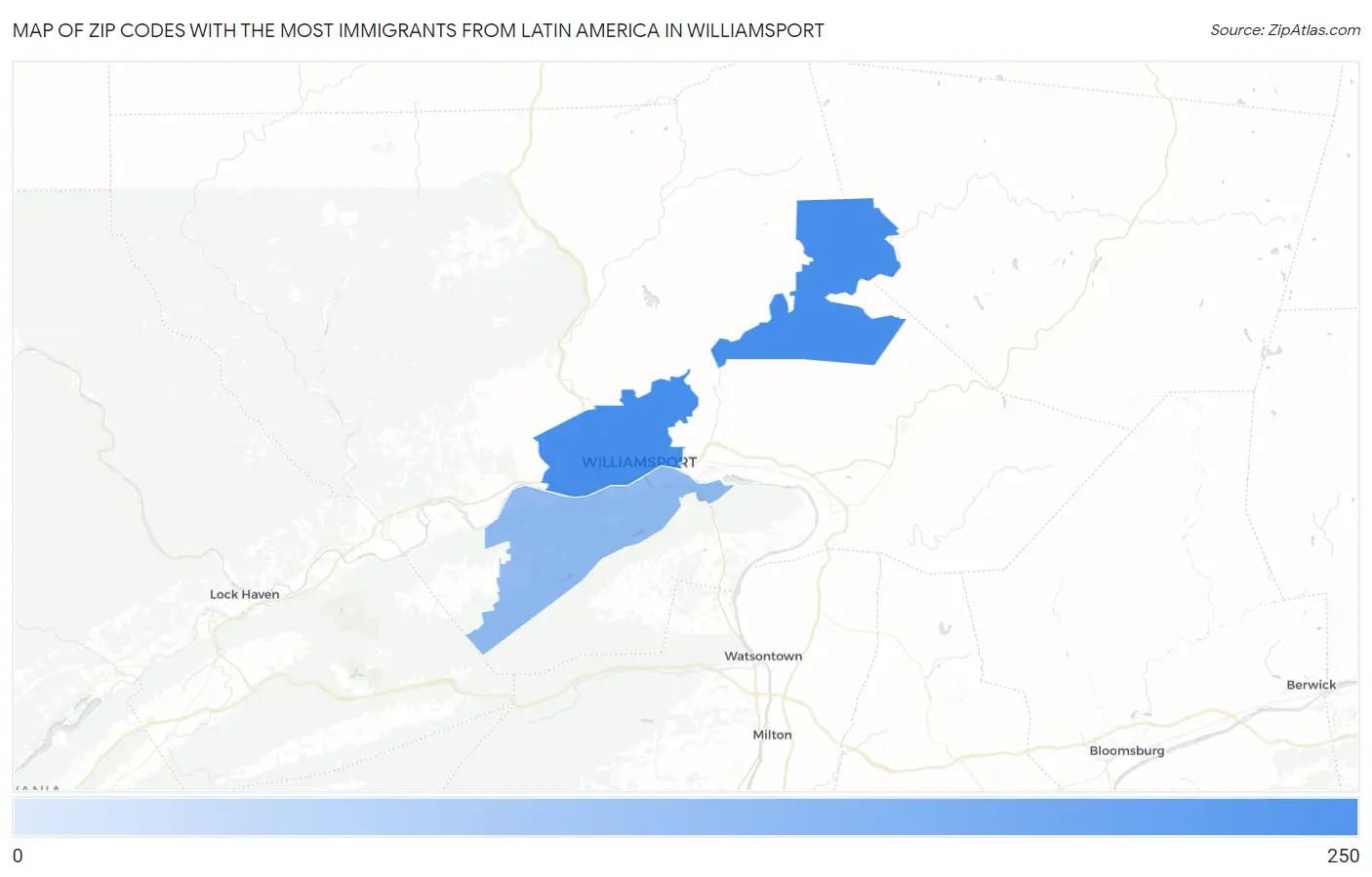 Zip Codes with the Most Immigrants from Latin America in Williamsport Map