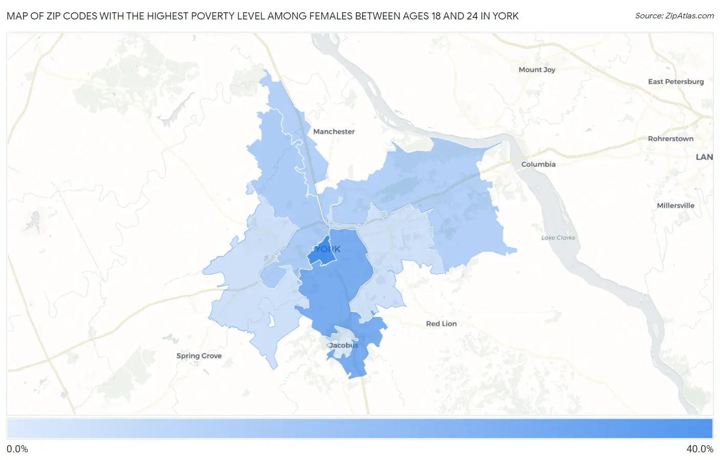 Zip Codes with the Highest Poverty Level Among Females Between Ages 18 and 24 in York Map