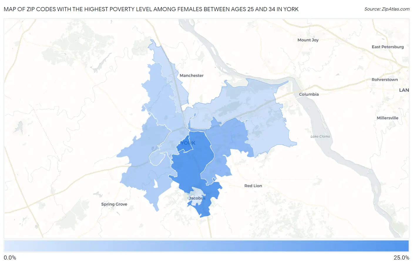 Zip Codes with the Highest Poverty Level Among Females Between Ages 25 and 34 in York Map