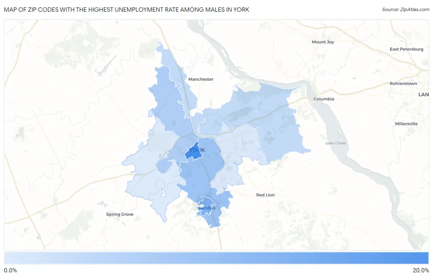 Zip Codes with the Highest Unemployment Rate Among Males in York Map