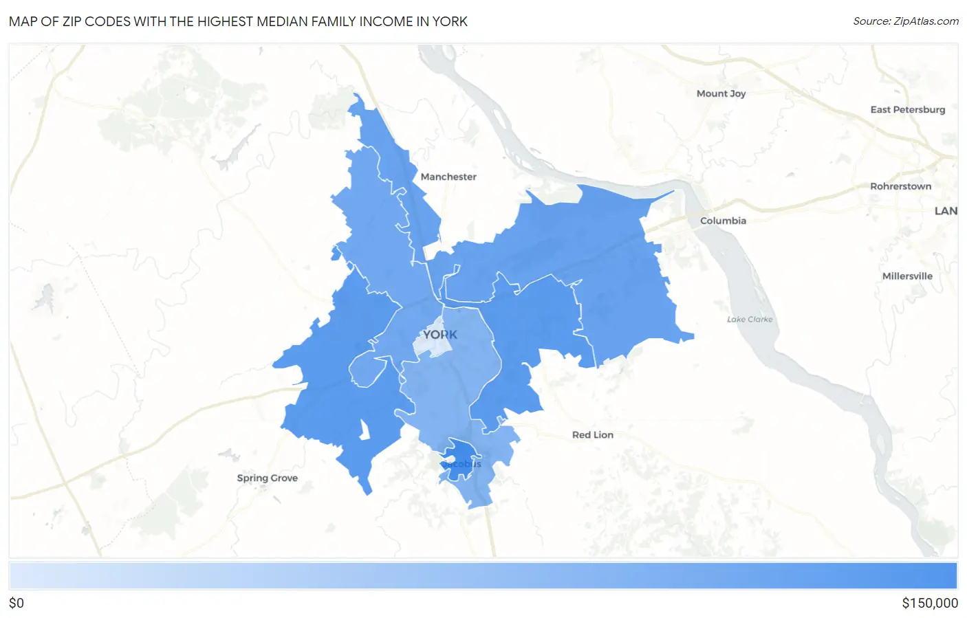 Zip Codes with the Highest Median Family Income in York Map