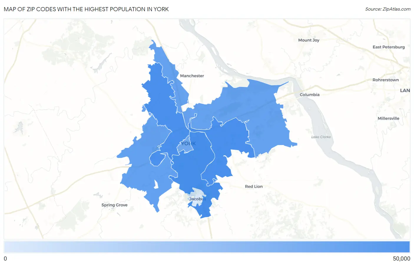 Zip Codes with the Highest Population in York Map