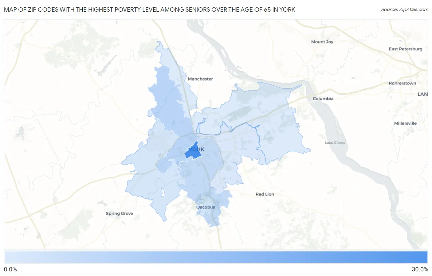 Zip Codes with the Highest Poverty Level Among Seniors Over the Age of 65 in York Map