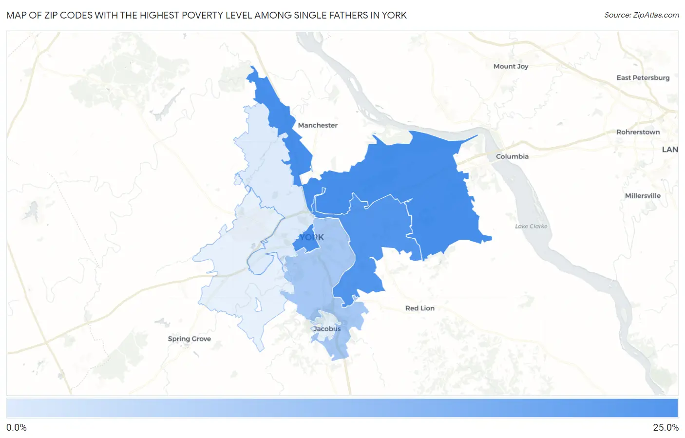 Zip Codes with the Highest Poverty Level Among Single Fathers in York Map