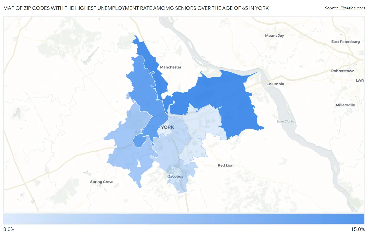 Zip Codes with the Highest Unemployment Rate Amomg Seniors Over the Age of 65 in York Map