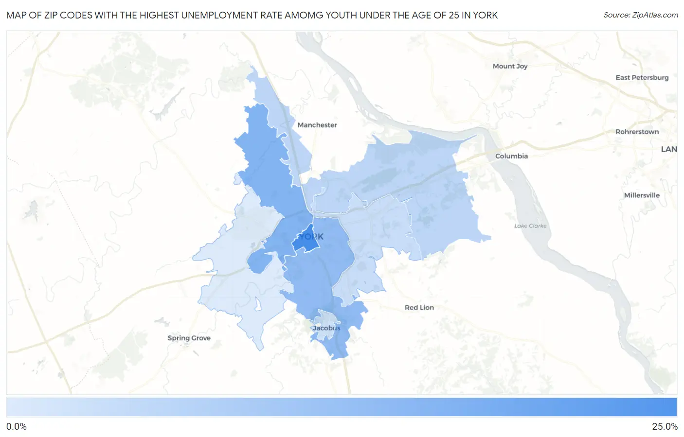 Zip Codes with the Highest Unemployment Rate Amomg Youth Under the Age of 25 in York Map