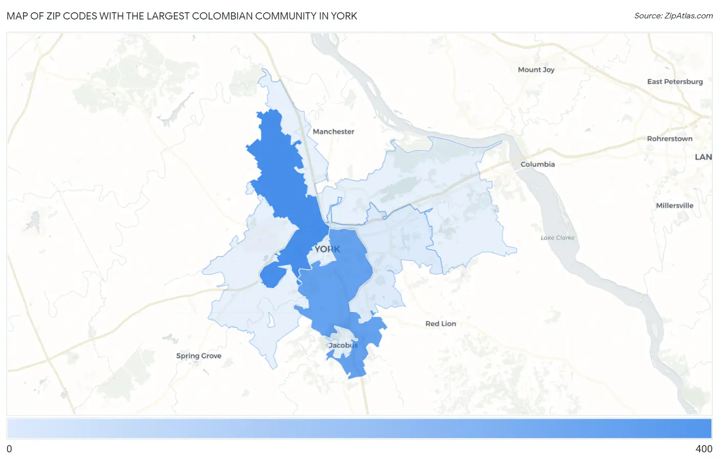 Zip Codes with the Largest Colombian Community in York Map
