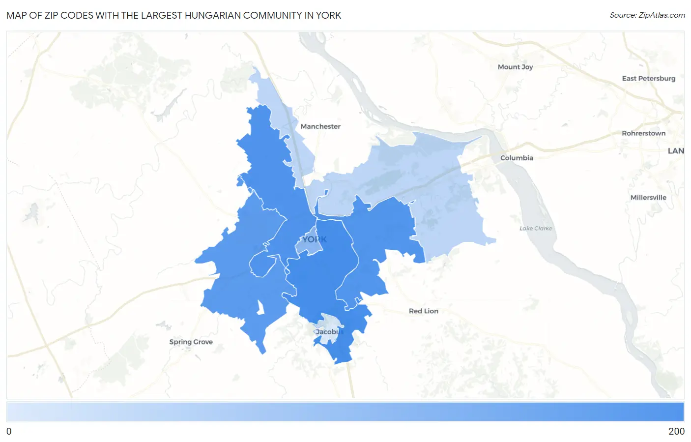 Zip Codes with the Largest Hungarian Community in York Map