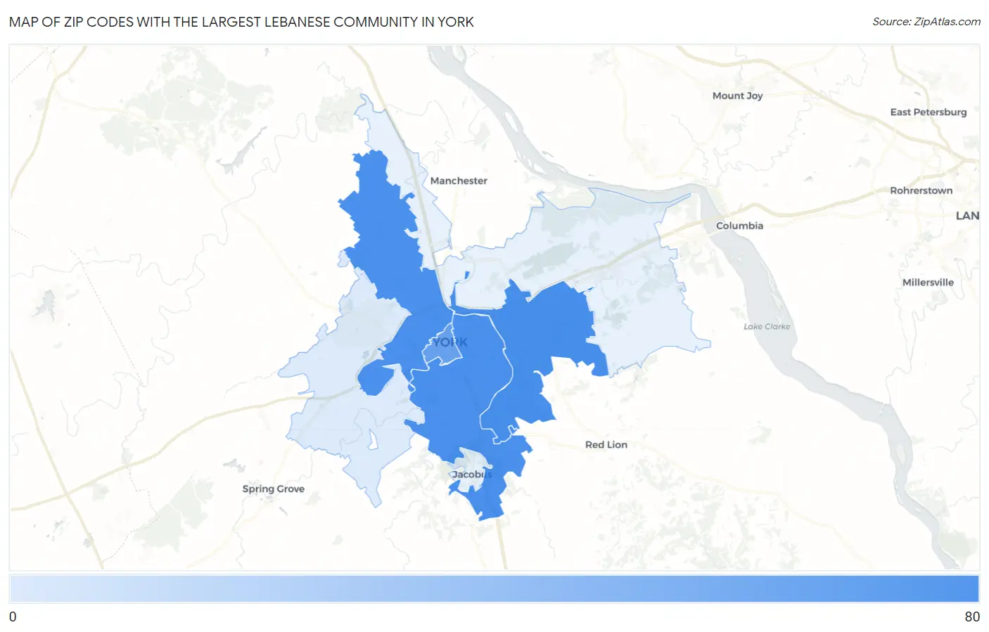 Zip Codes with the Largest Lebanese Community in York Map