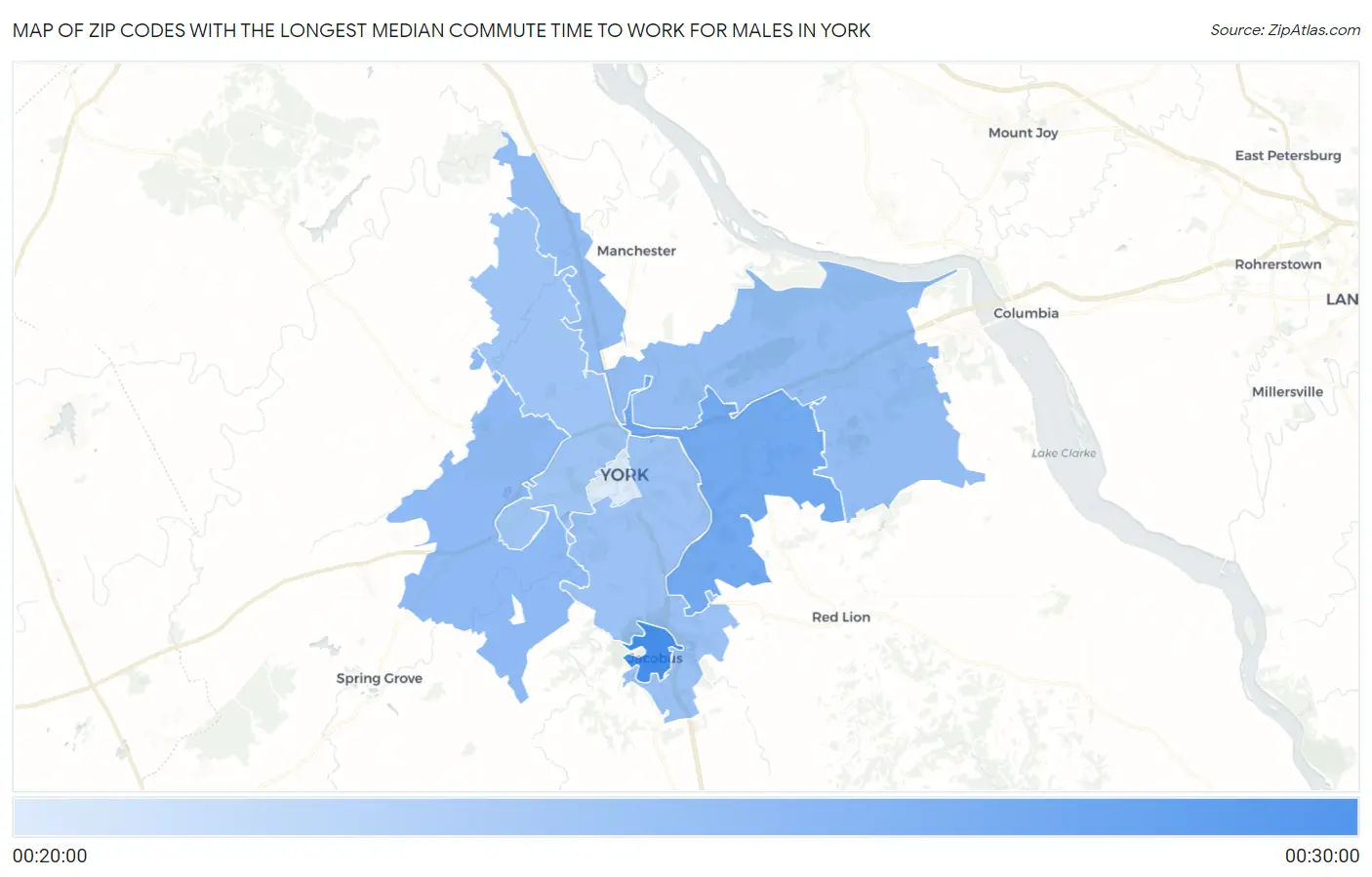 Zip Codes with the Longest Median Commute Time to Work for Males in York Map