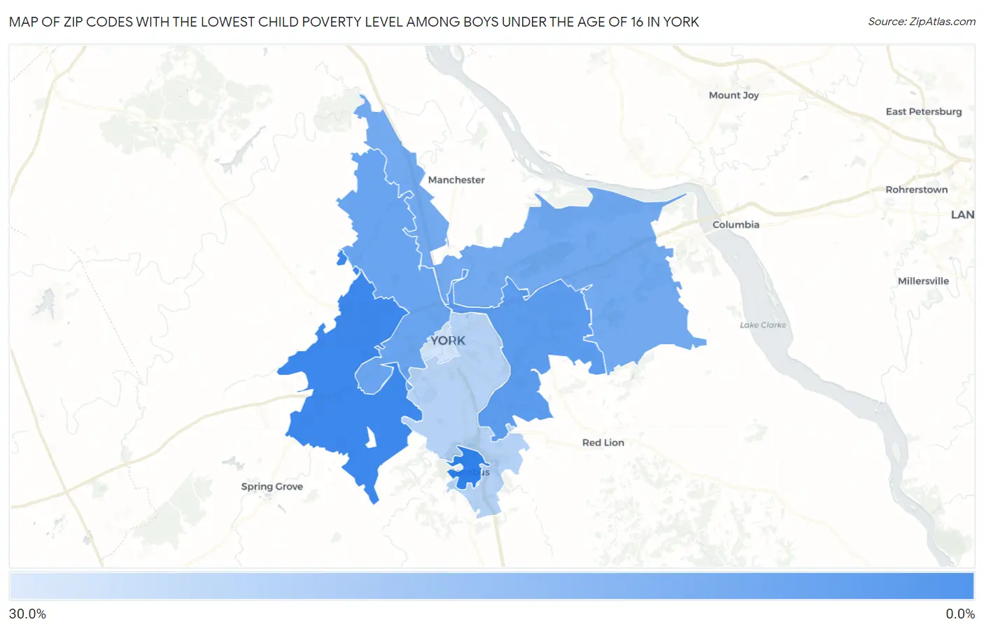 Zip Codes with the Lowest Child Poverty Level Among Boys Under the Age of 16 in York Map