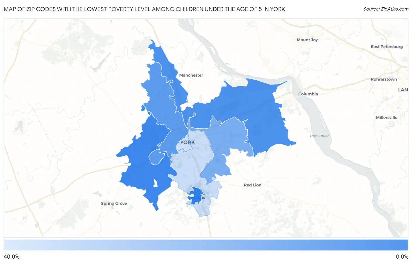 Zip Codes with the Lowest Poverty Level Among Children Under the Age of 5 in York Map