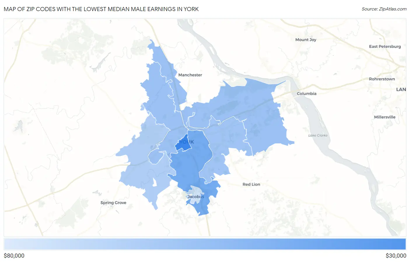 Zip Codes with the Lowest Median Male Earnings in York Map
